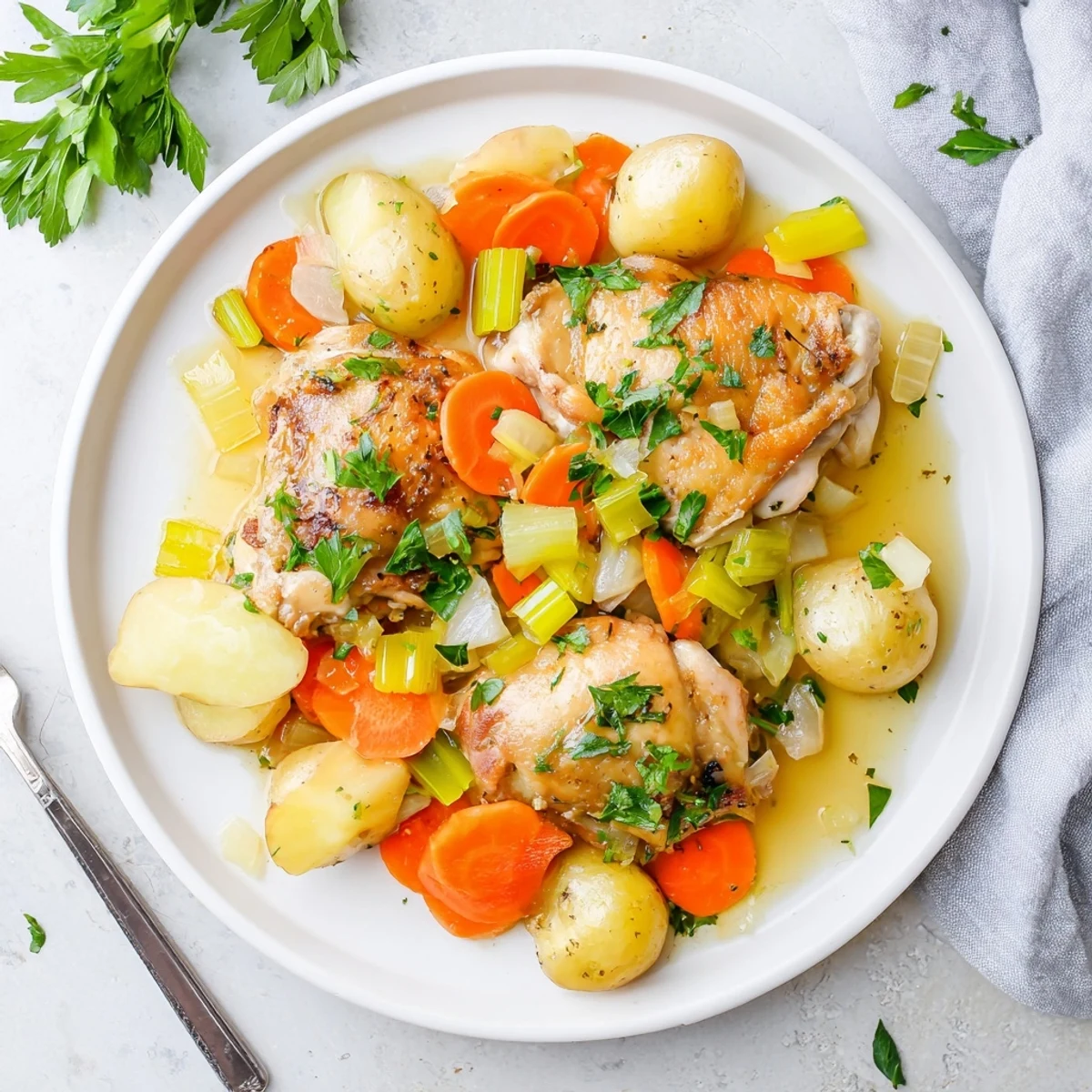 Golden-brown Slow Cooker Chicken thighs lifted from the crockpot showing juicy meat and aromatic herbs with a glossy sauce