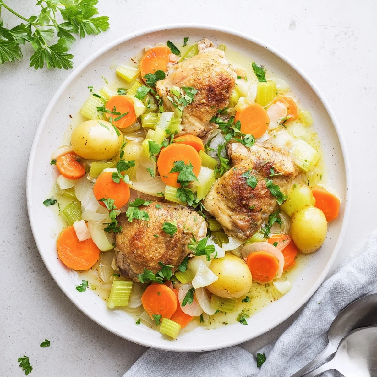 A steaming bowl of Healthy Savory Slow Cooker Chicken served over fluffy quinoa with baby potatoes and carrots