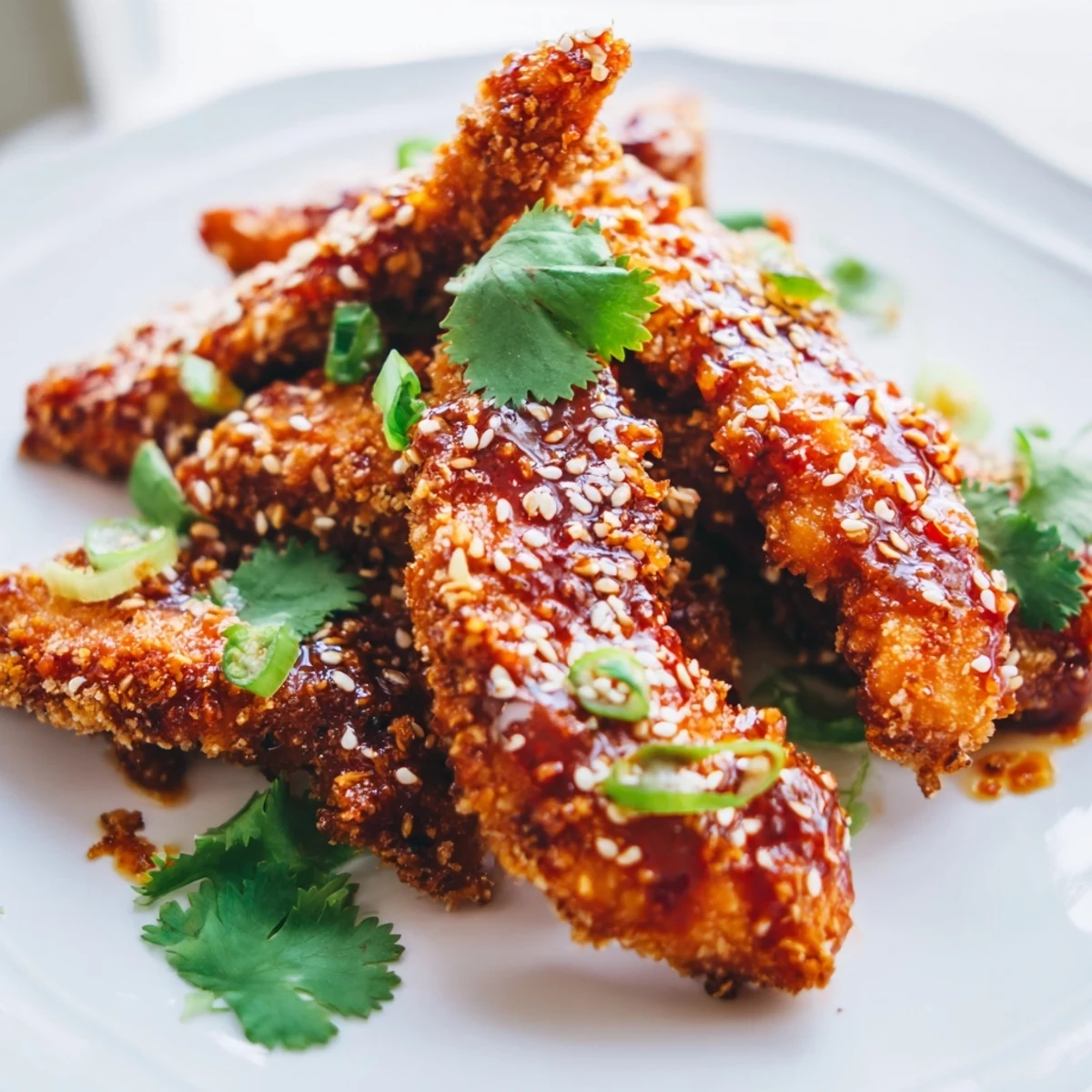 Golden-brown Thai Sticky Chicken Fingers tossed in a glossy sweet chili glaze on a serving platter.