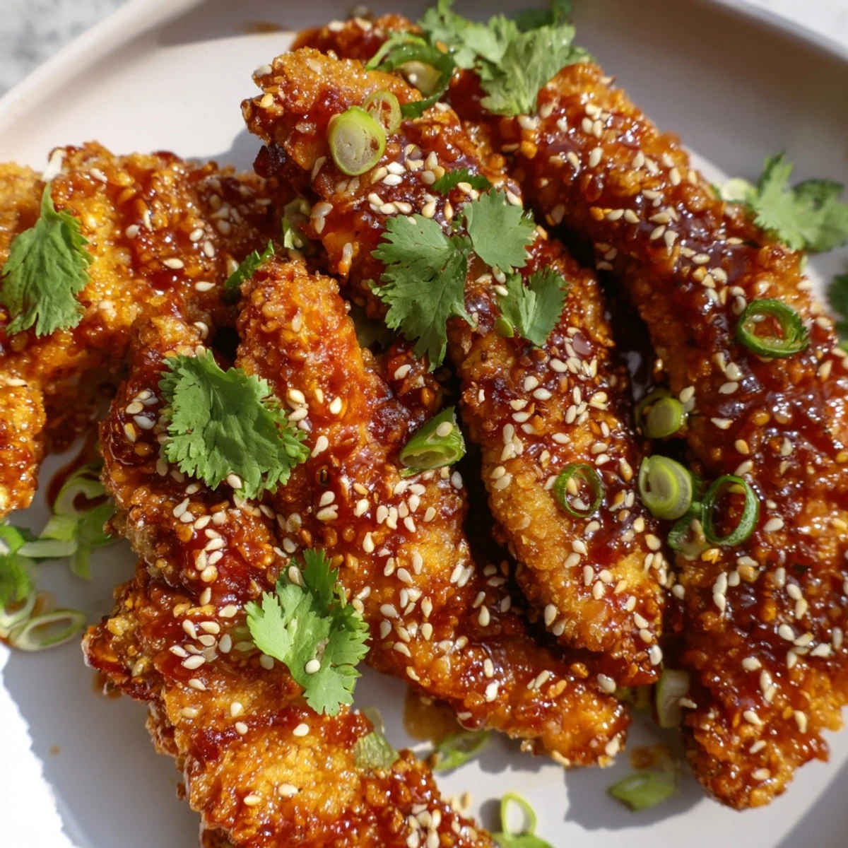 Savory Thai Sticky Chicken Fingers served on a plate with cilantro and a spicy dipping sauce.