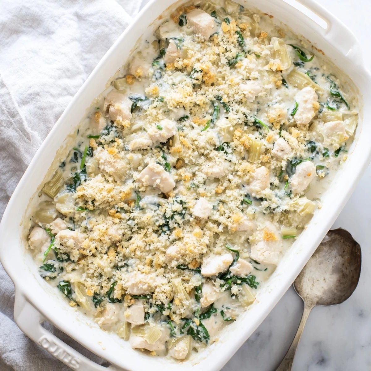 Golden brown high protein spinach and artichoke chicken casserole bubbling in a baking dish with crispy breadcrumb topping
