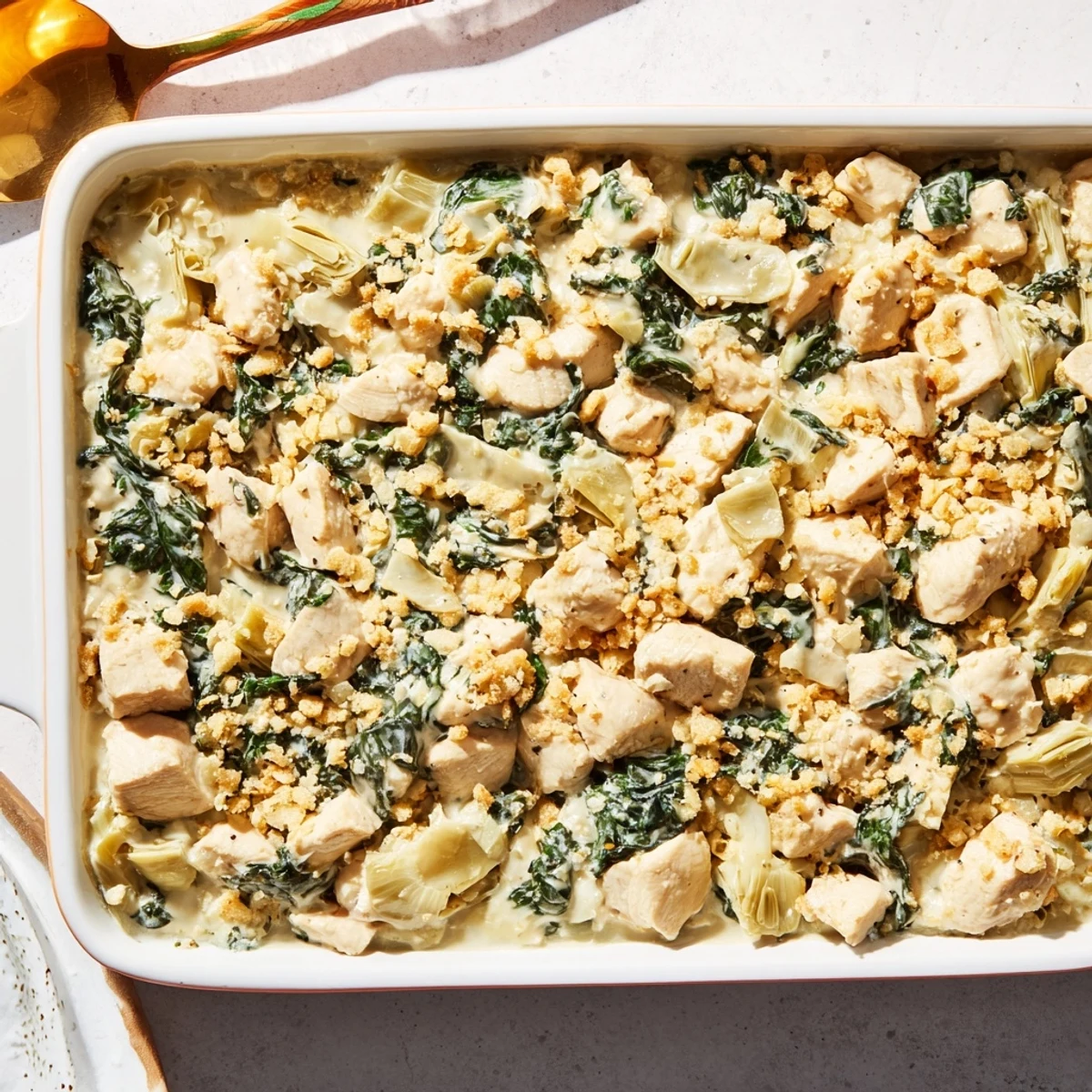 Creamy chicken and vegetable casserole topped with melted mozzarella and parmesan fresh from the oven