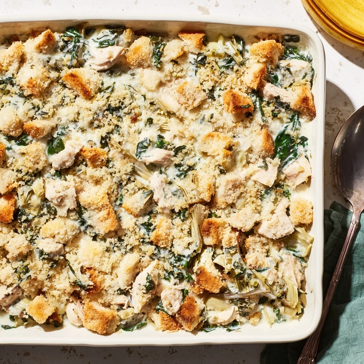 Hearty gluten-free spinach artichoke chicken casserole served steaming hot with golden brown panko crust
