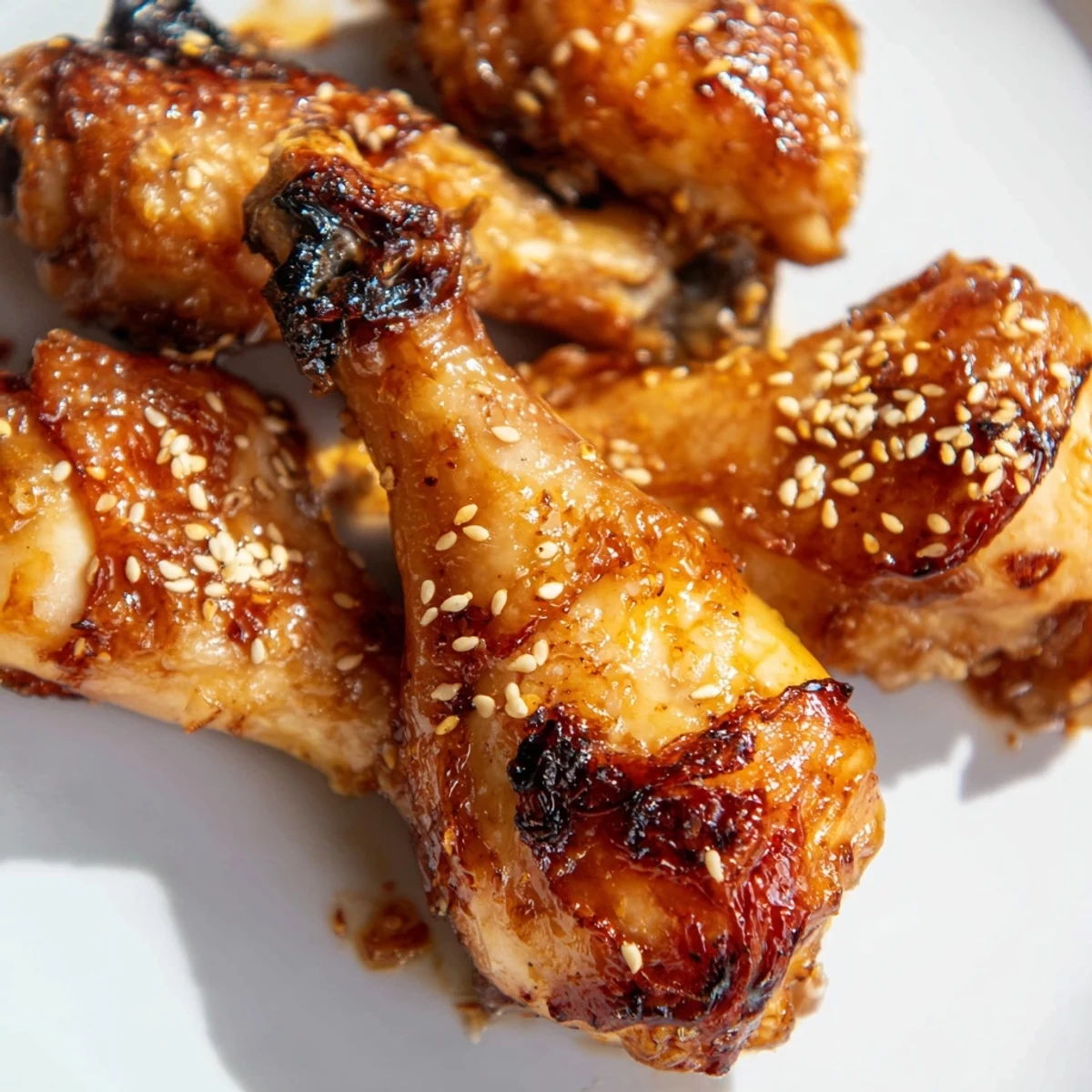Tender baked chicken drumsticks coated in savory honey garlic glaze with sesame seed garnish
