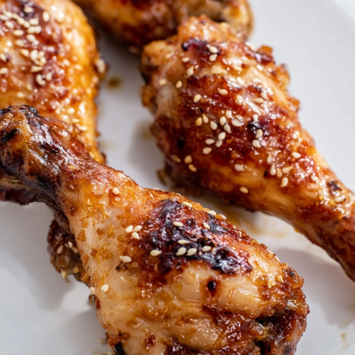 Golden honey garlic baked chicken drumsticks glazed with sticky caramelized sauce on a white plate