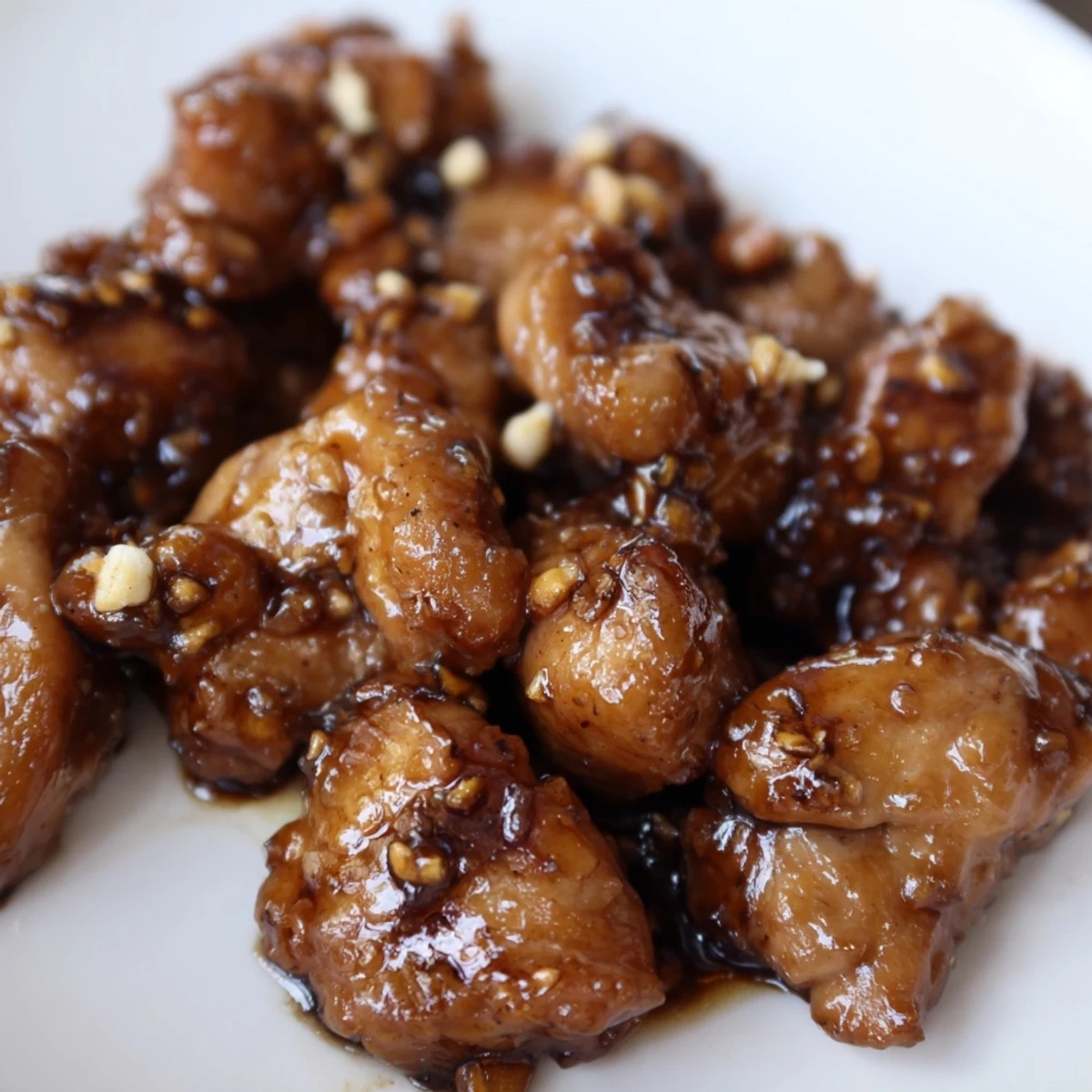 Golden brown Mongolian chicken pieces coated in thick glossy sweet and savory soy ginger sauce