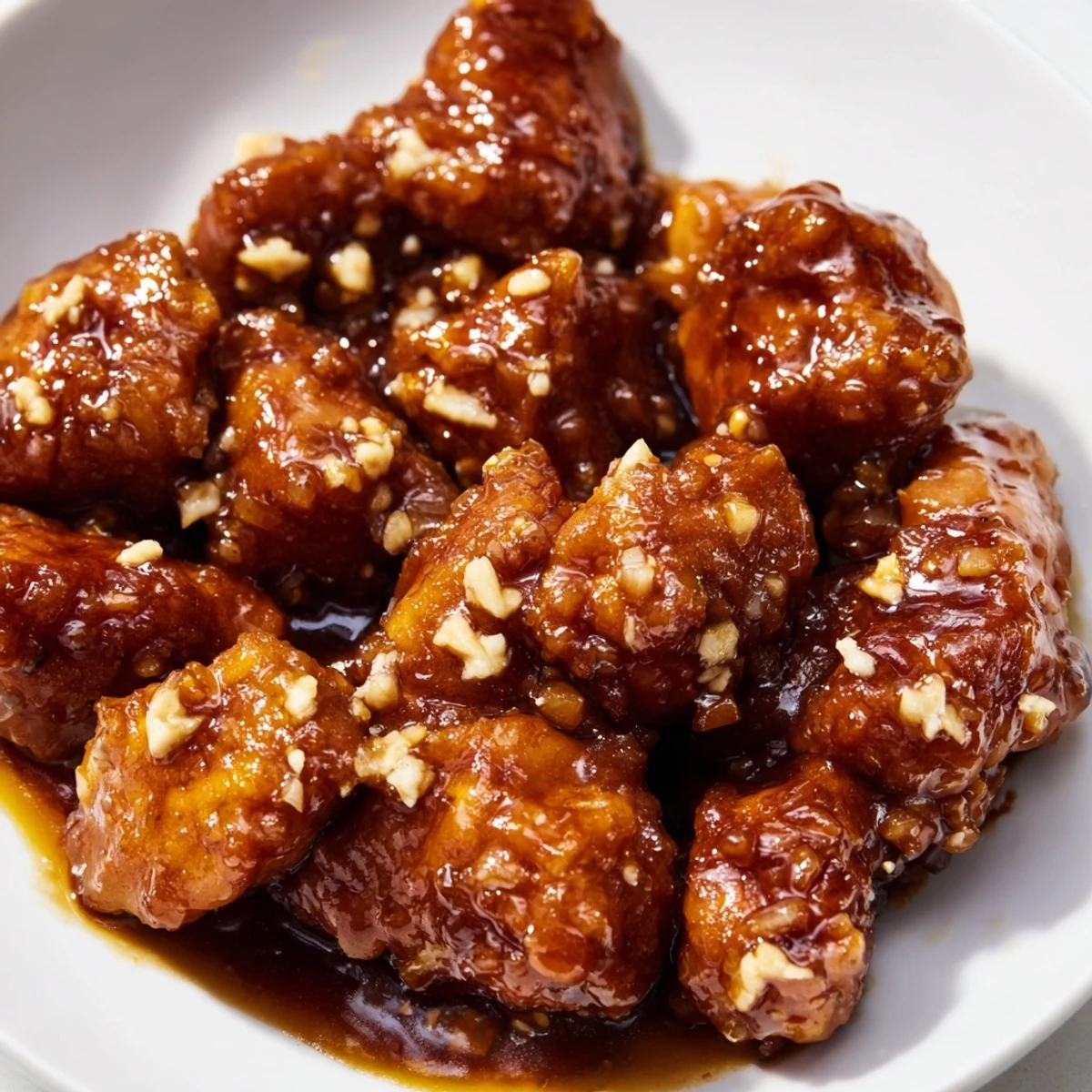 Tender chicken glazed in rich brown sugar Mongolian sauce garnished with fresh green onion slices