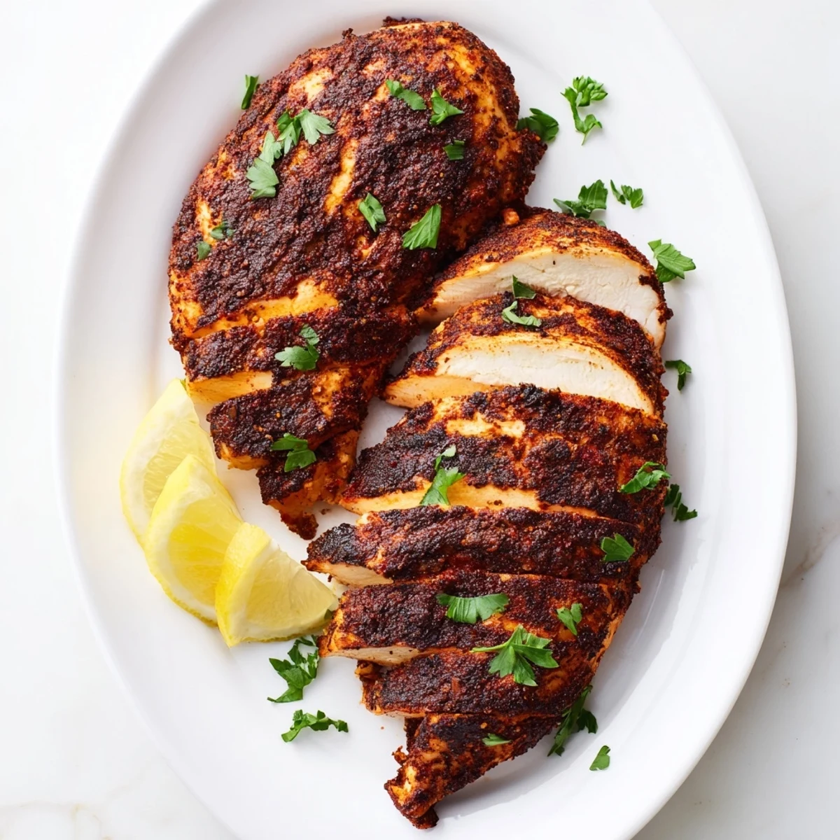 Sizzling cast iron blackened chicken with charred seasoning and fresh lemon wedges garnish