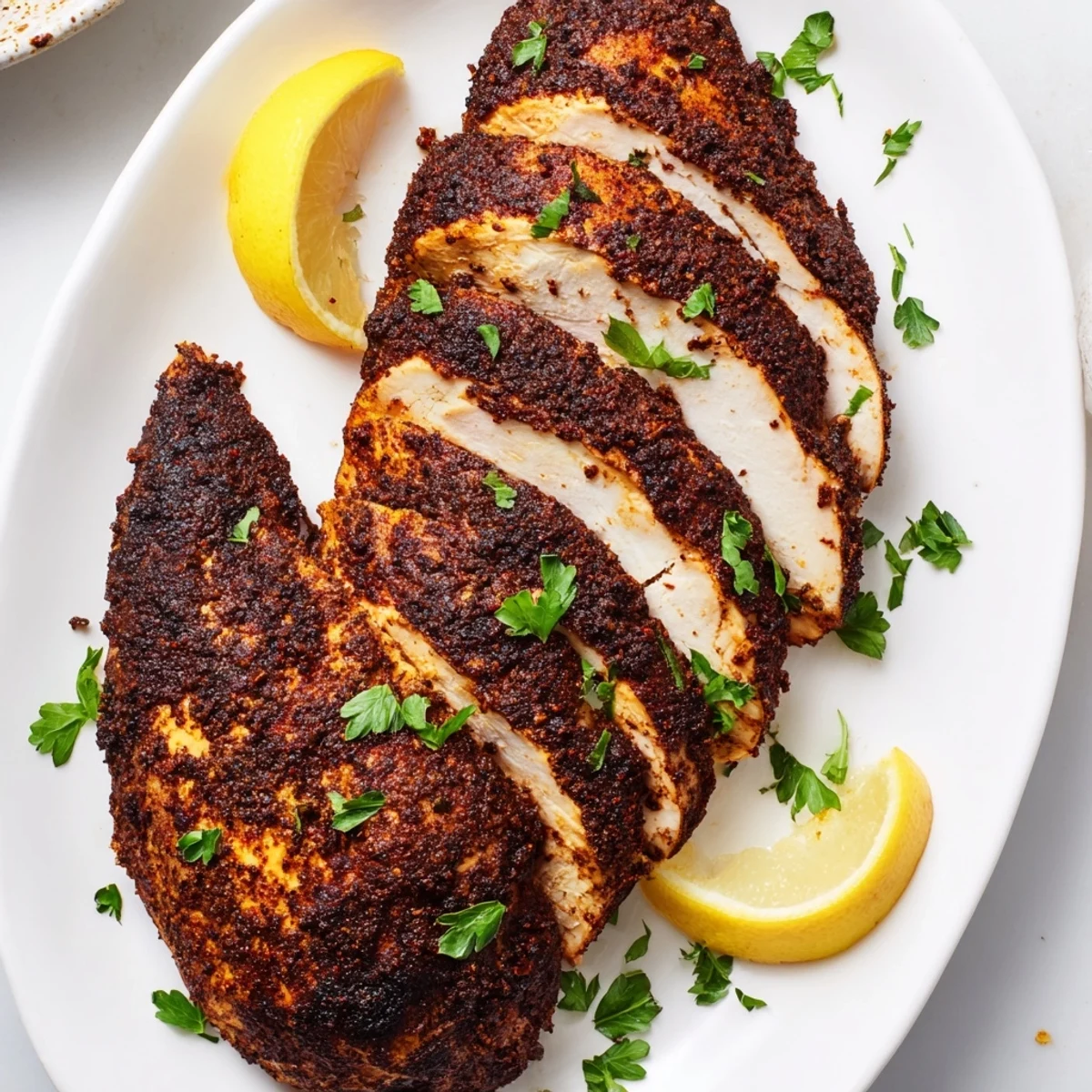 Golden brown blackened chicken breasts with dark spicy crust resting on a white plate