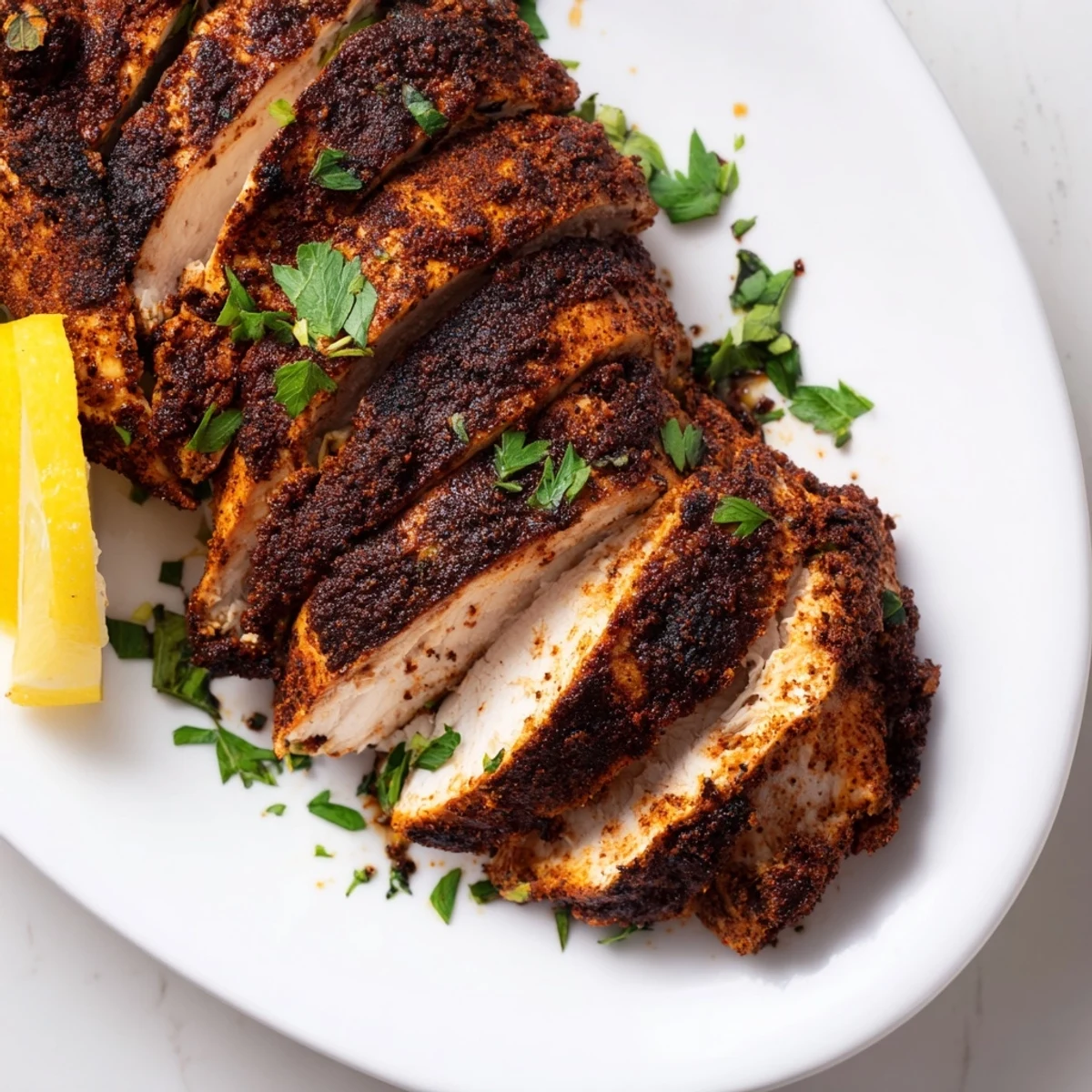 Perfectly cooked blackened chicken sliced to reveal juicy white meat inside crispy dark coating