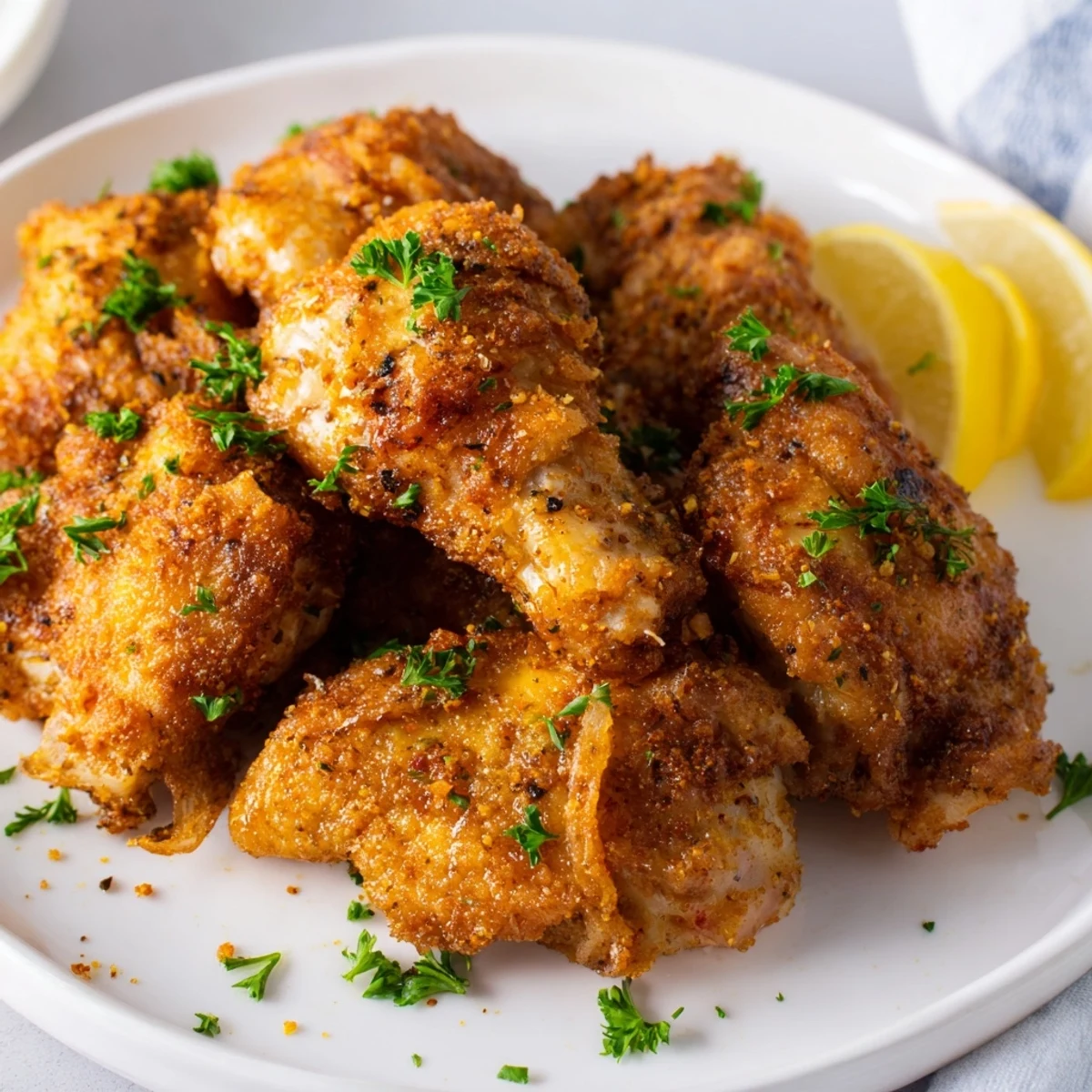 Golden Air Fryer Lemon Chicken Bites arranged on a white serving plate garnished with fresh parsley