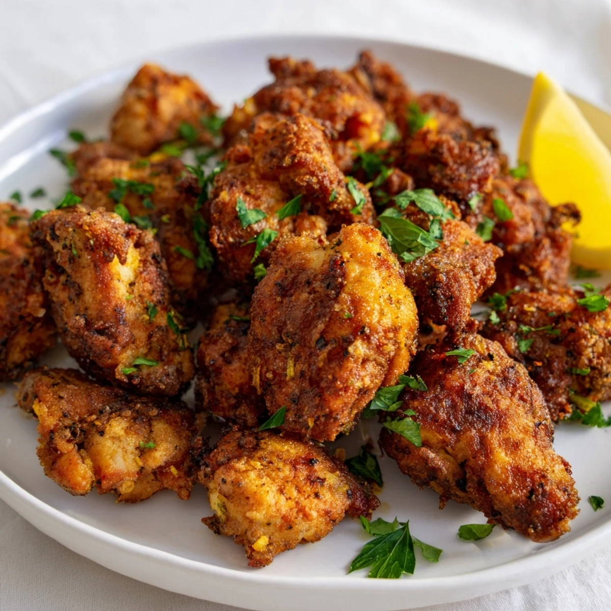 Crispy lemon herb chicken pieces stacked high alongside bright lemon wedges on a rustic wooden board