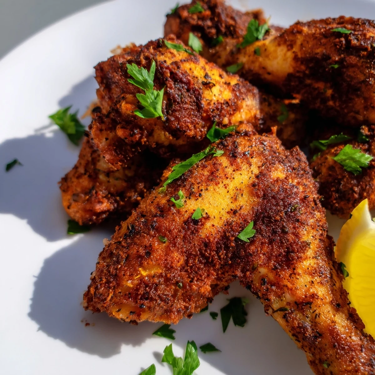 Tender marinated chicken bites air fried to golden perfection served on a platter with green herbs