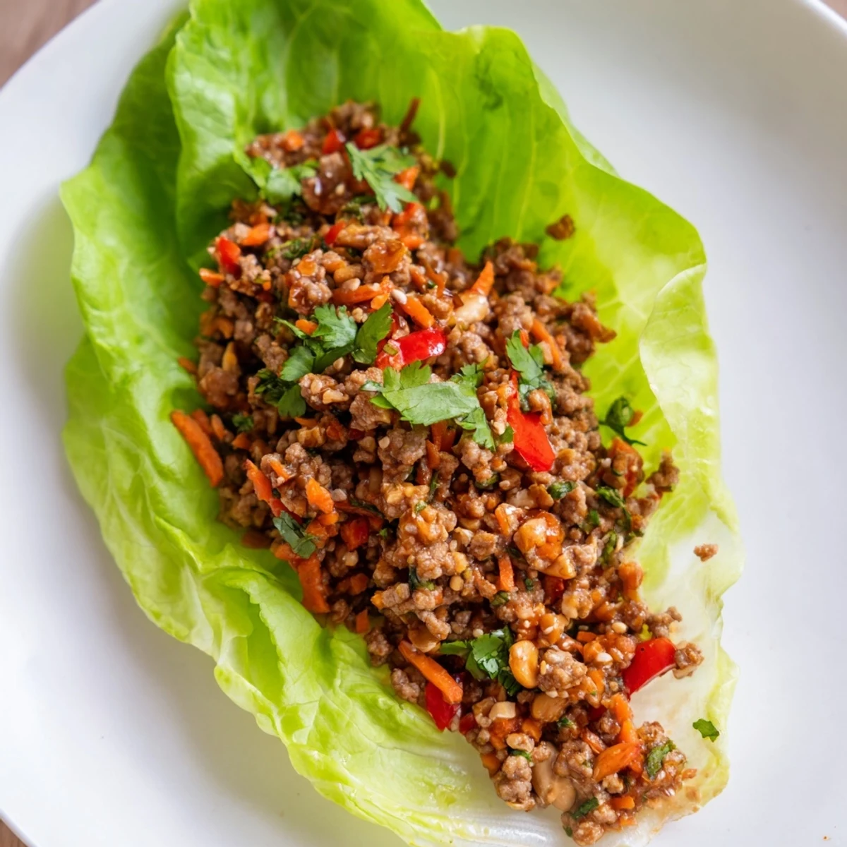 Fresh beef and cashew lettuce cups garnished with cilantro, diced red pepper, and lime wedges