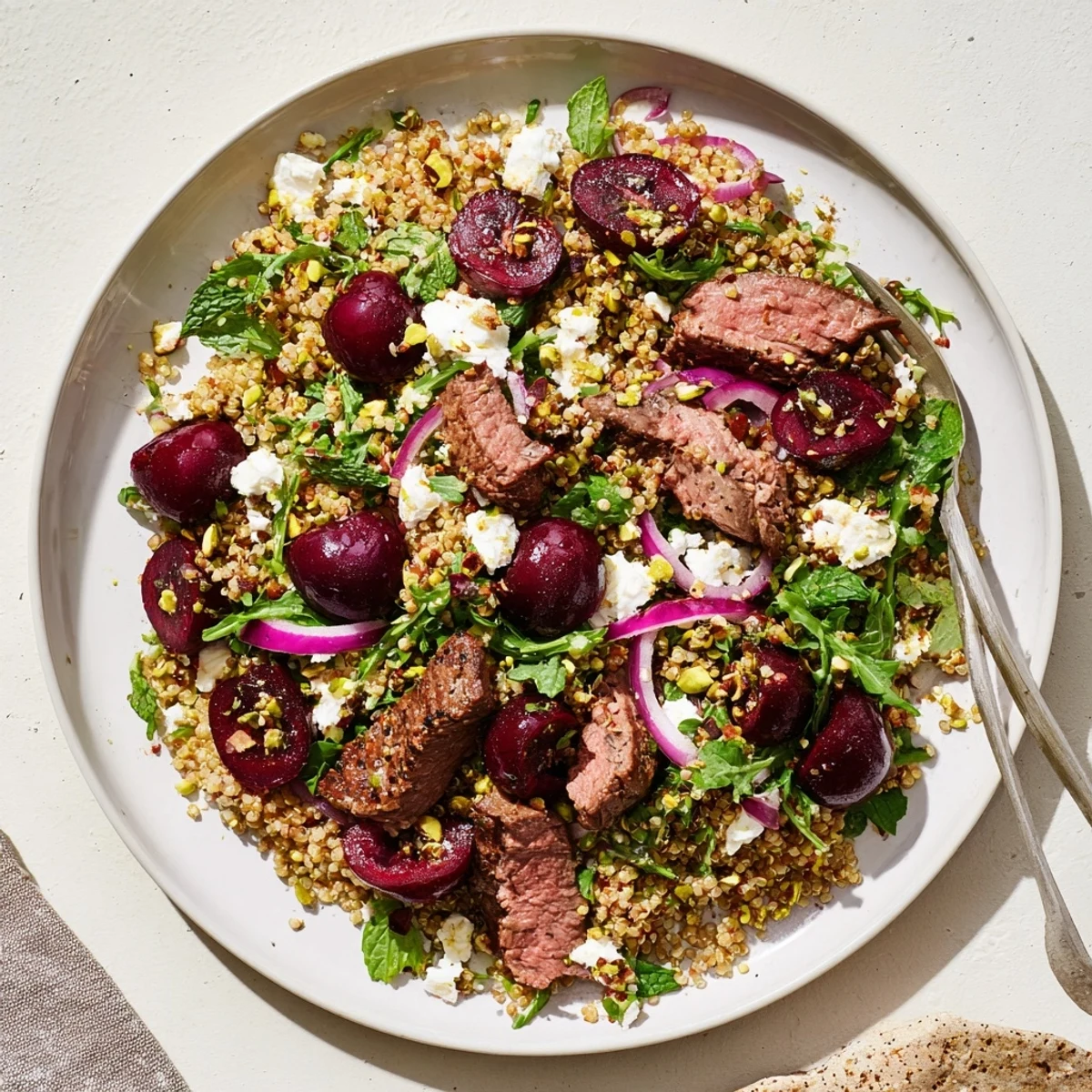 Mediterranean-inspired bowl featuring juicy cherries protein-rich quinoa grilled lamb and tangy feta with zesty herb dressing