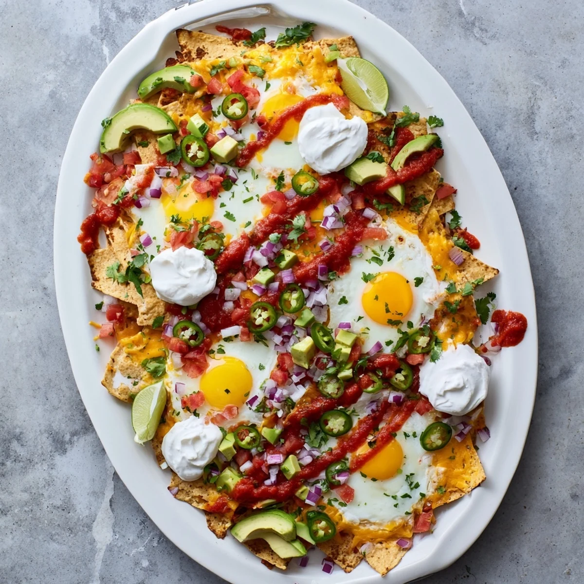 Golden Mexican egg nachos piled high with melted cheese, fresh avocado, and sunny-side up eggs