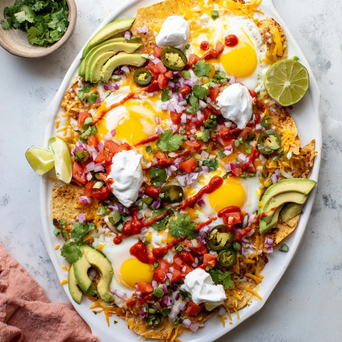 Colorful breakfast nachos featuring crispy tortilla chips topped with runny yolks and zesty salsa