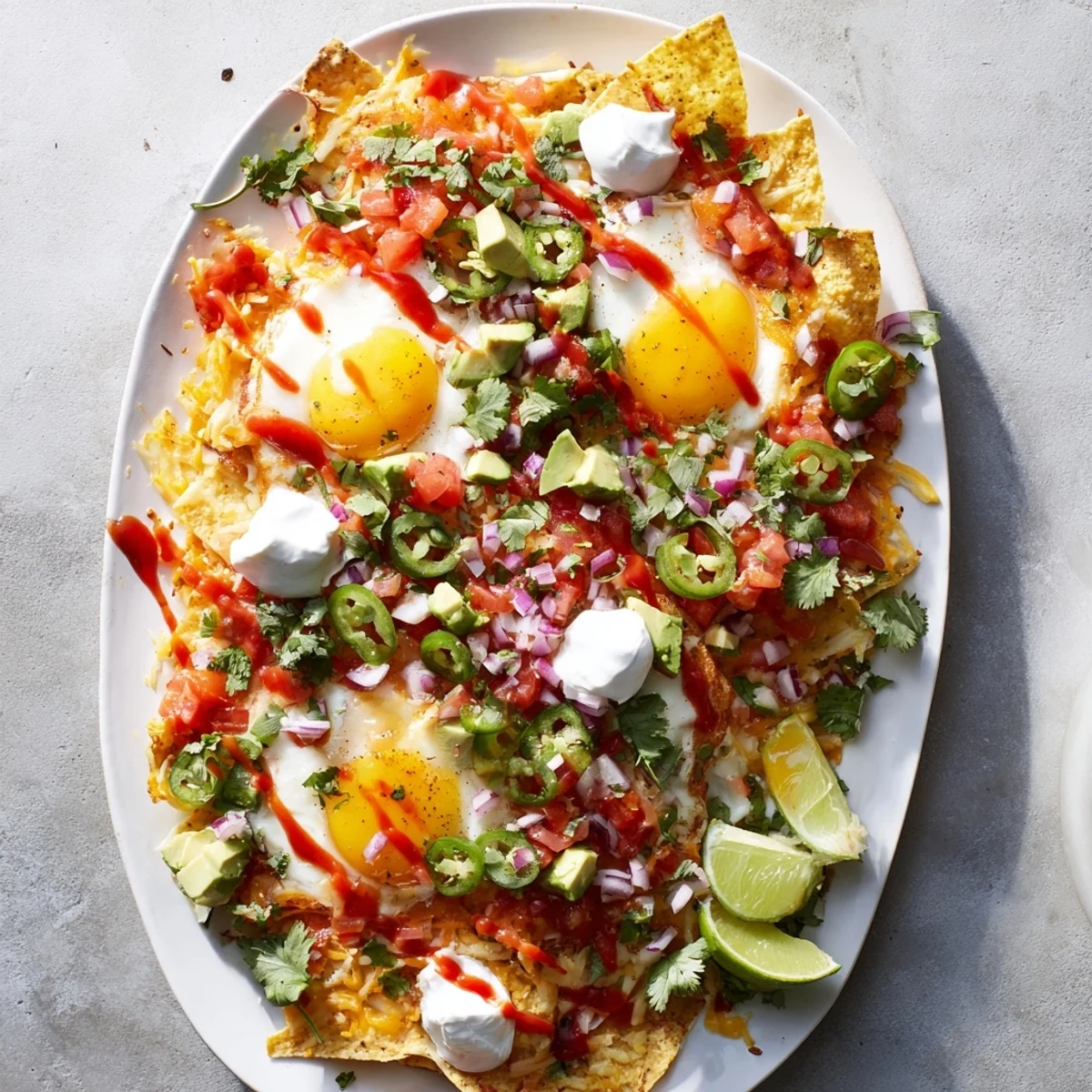 Hearty Mexican egg nachos garnished with cilantro, jalapeños, sour cream, and lime wedges