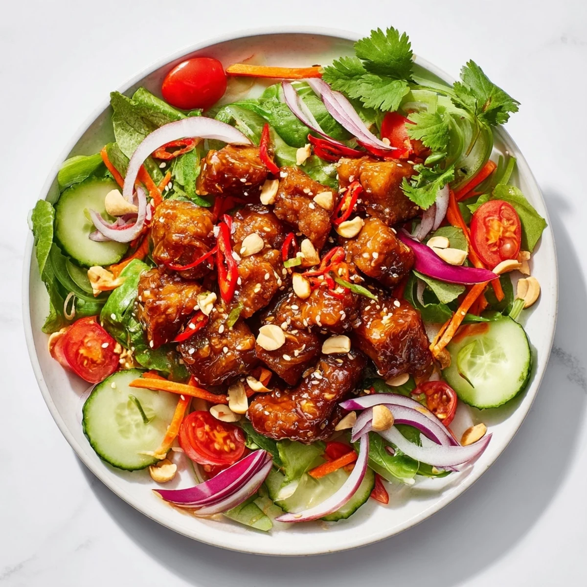 Golden crispy pork belly pieces glazed in tangy sweet and sour sauce atop fresh mixed greens and colorful vegetables