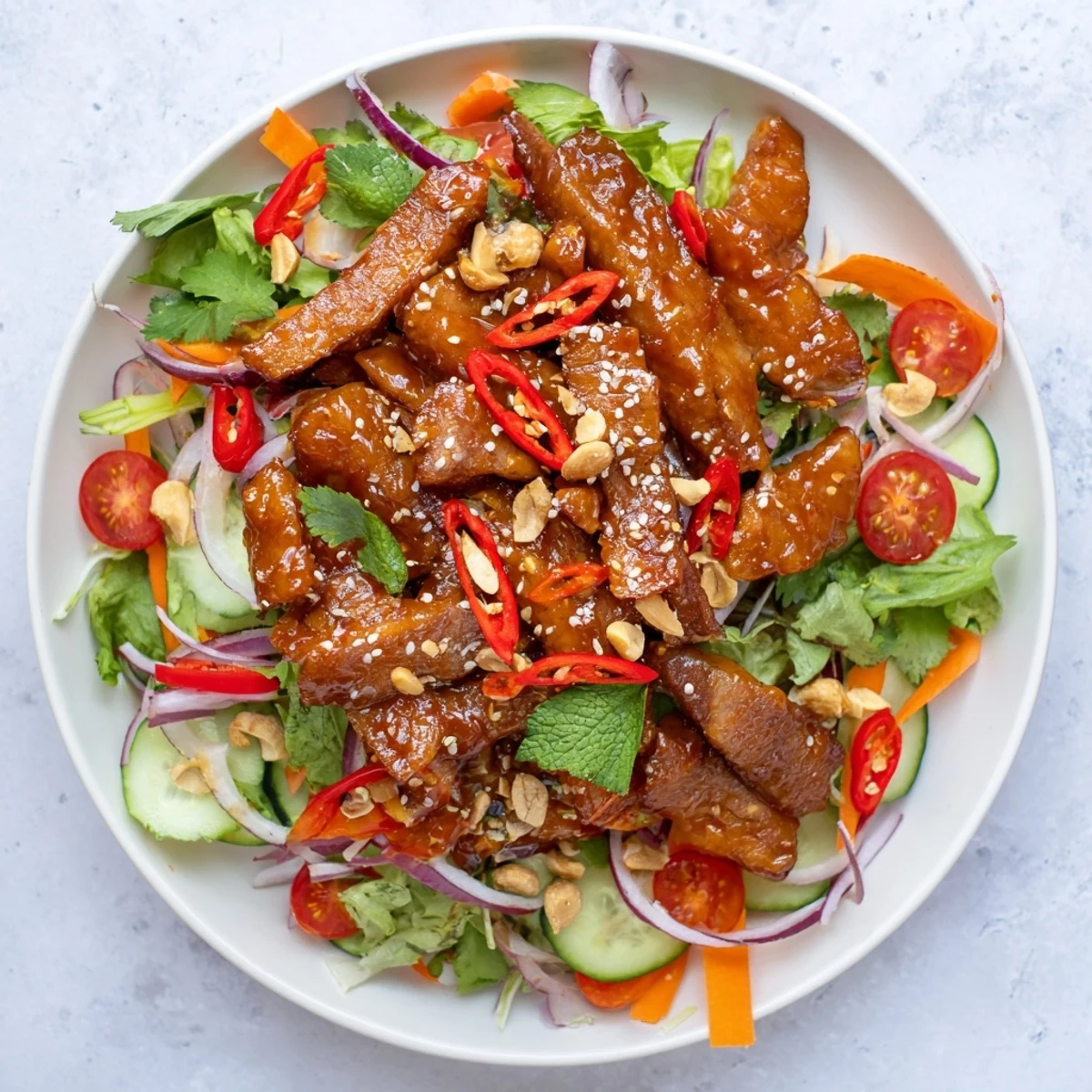 Vibrant salad bowl featuring crispy sweet and sour pork belly with cucumbers, cherry tomatoes, and roasted peanut garnish