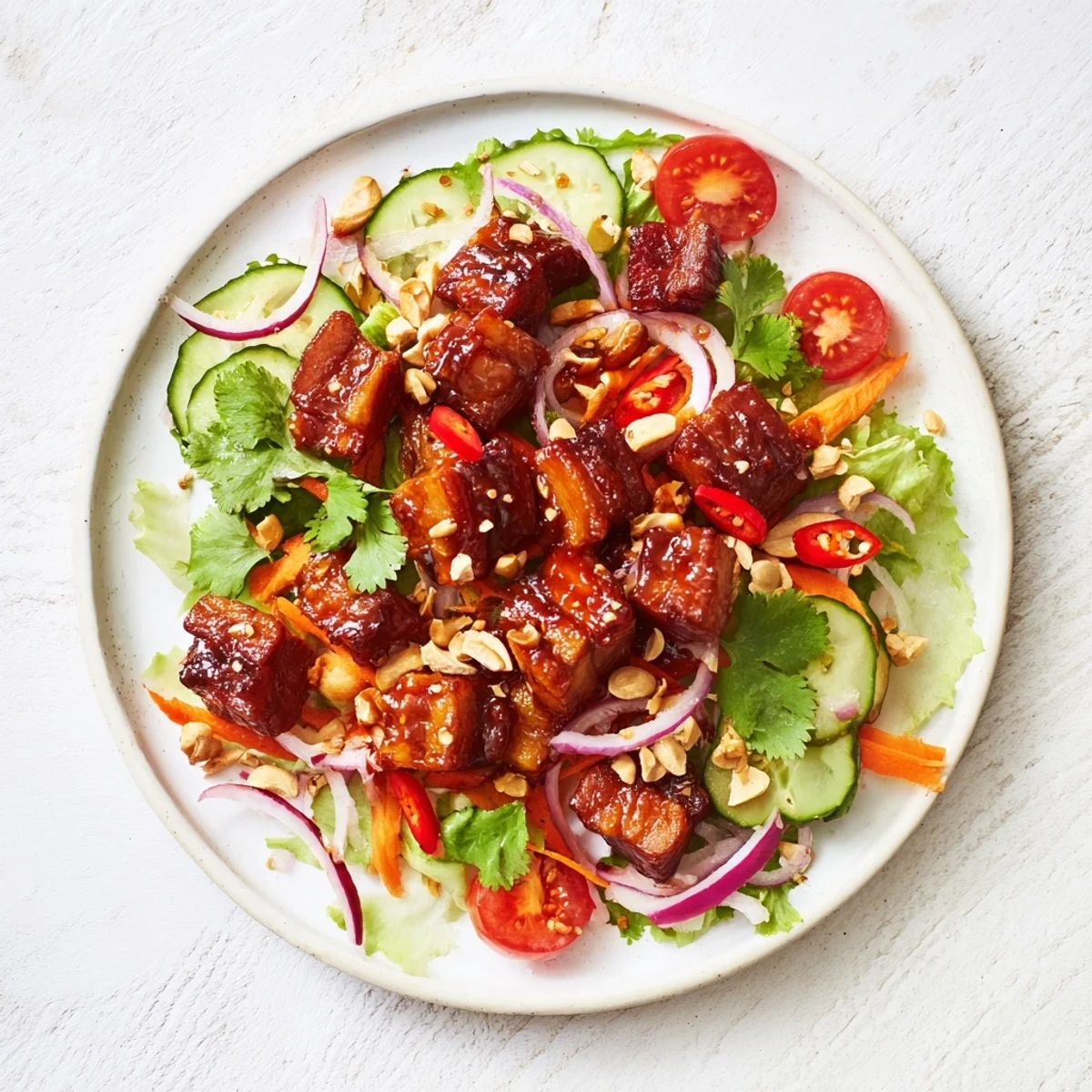 Tender pork belly with crunchy crackling coated in glossy red sauce served over crisp lettuce and sliced red peppers