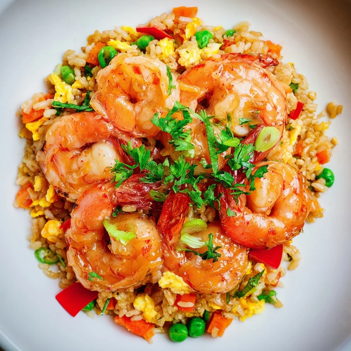 Golden garlic prawns arranged over colorful sweet chilli fried rice with diced vegetables