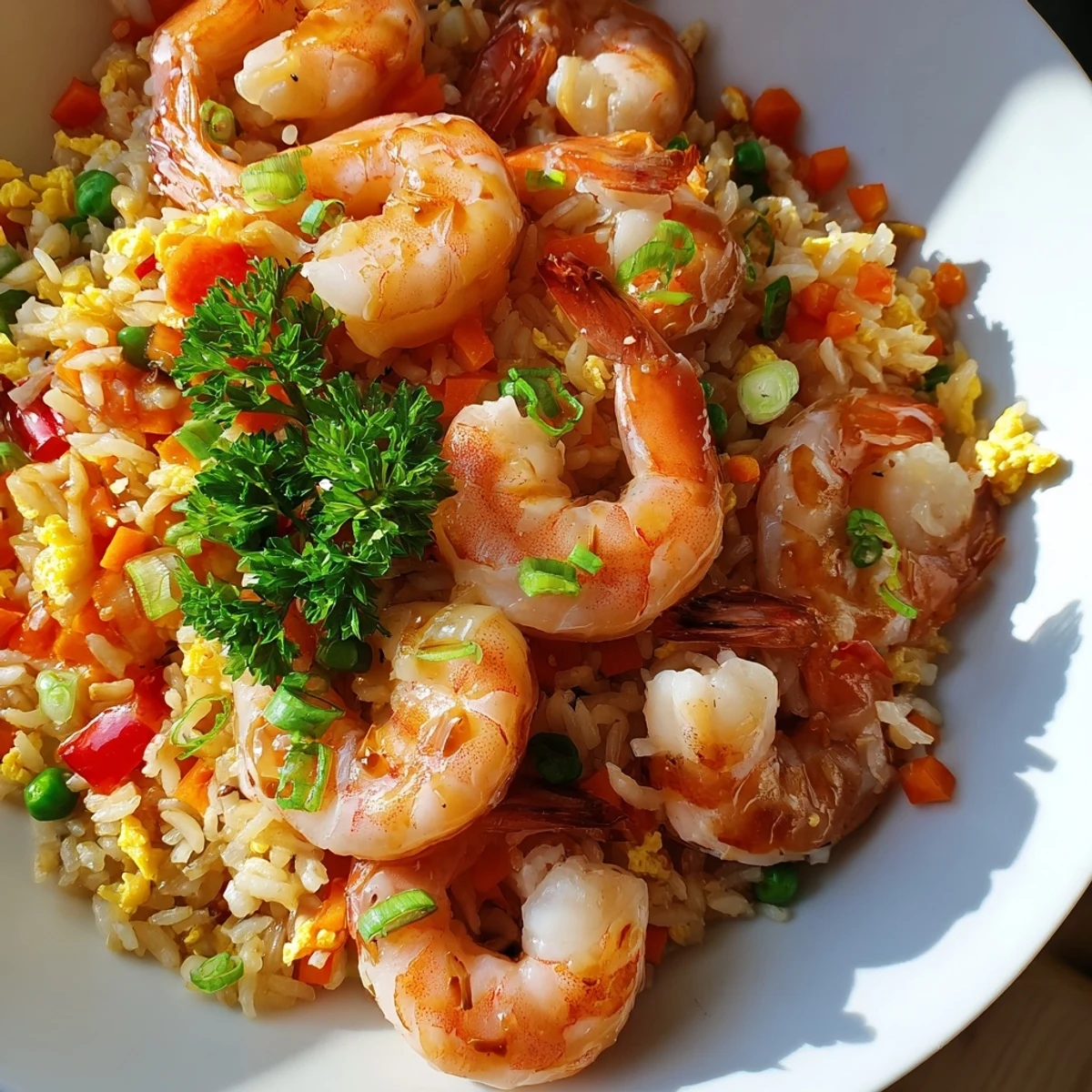 Weeknight dinner plate featuring juicy prawns atop sticky rice glazed in sweet chilli sauce
