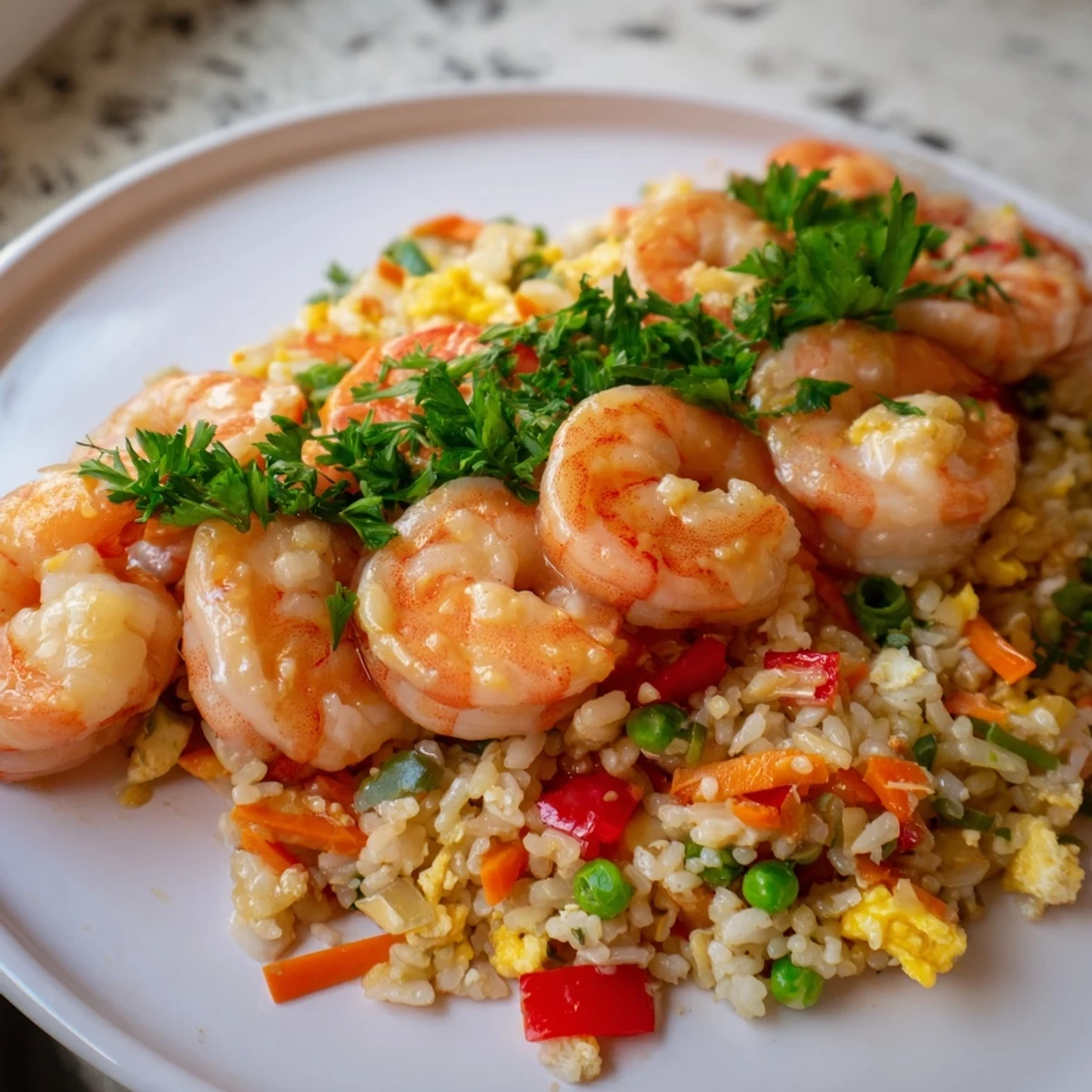 Steaming bowl of Asian fried rice topped with buttery garlic prawns and fresh parsley garnish
