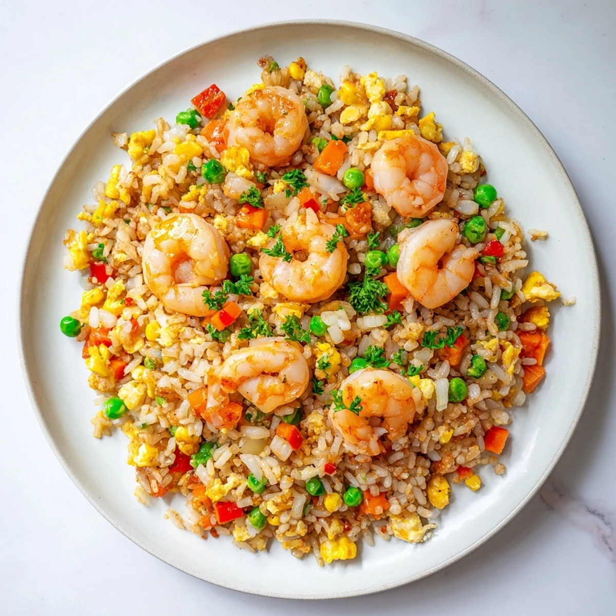 Vibrant Asian fusion plate featuring plump prawns and vegetable fried rice glazed with sweet chilli