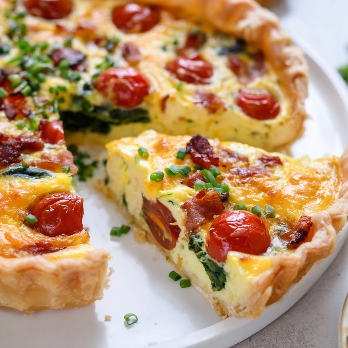Golden family breakfast tart with flaky puff pastry, egg custard, bacon, and vibrant vegetables