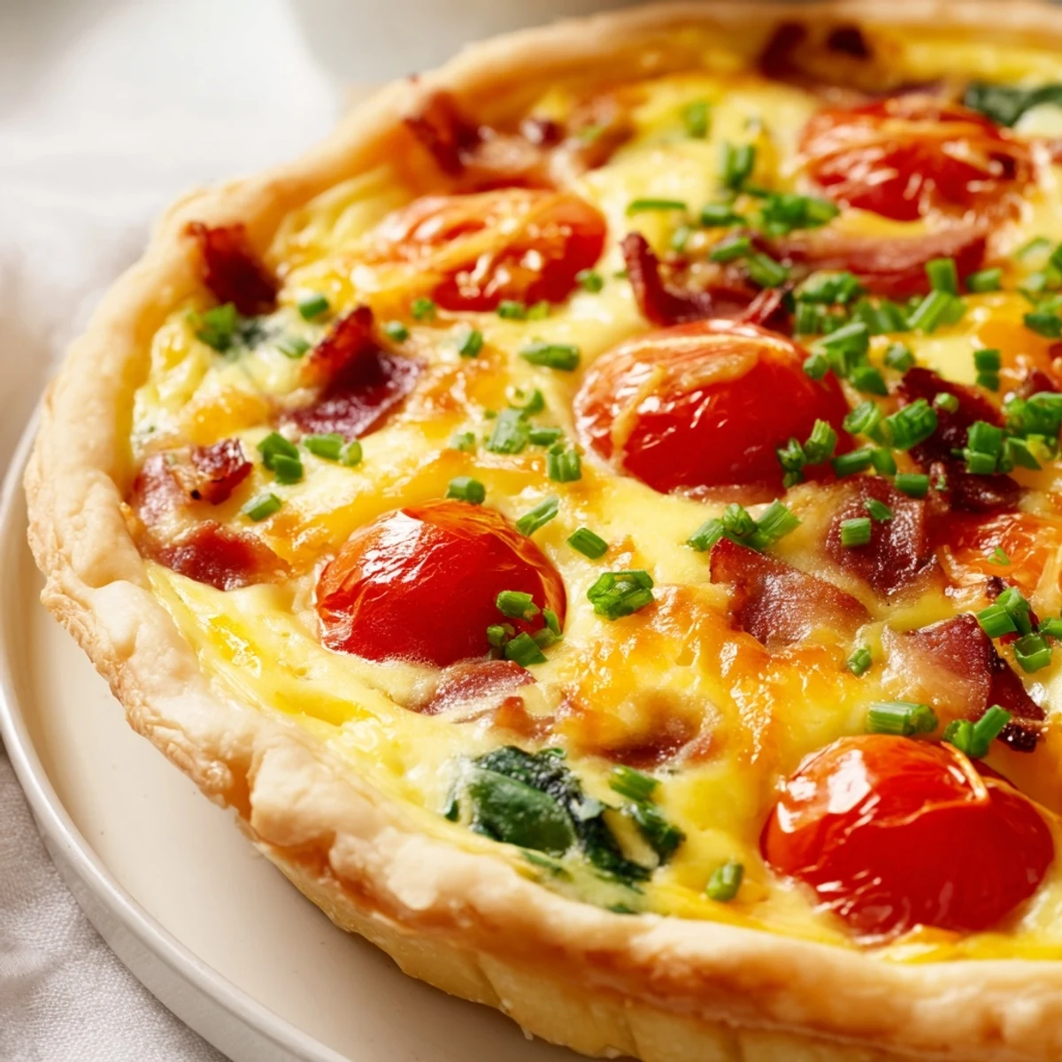 Savory breakfast tart sliced for serving, featuring creamy eggs, melted cheddar, and crisp bacon