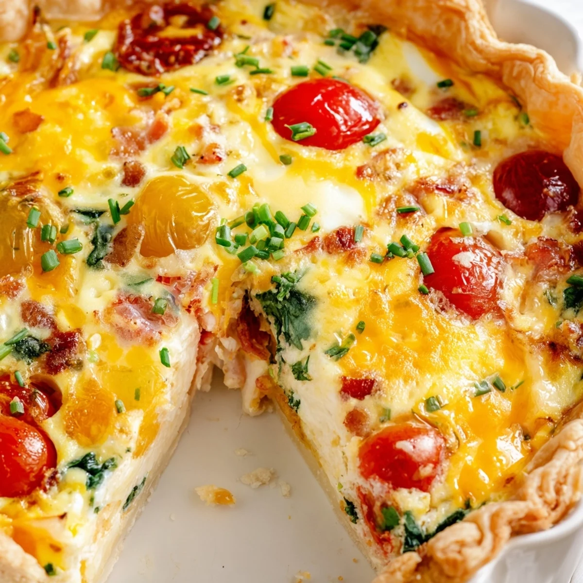 Flaky pastry breakfast tart topped with colorful cherry tomatoes, spinach, and golden baked egg filling