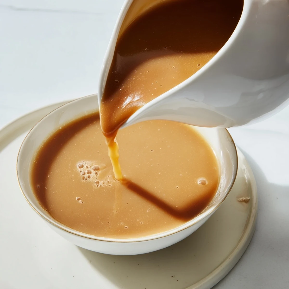 Savory homemade gravy ladled from saucepan showcasing rich brown silky smooth sauce texture