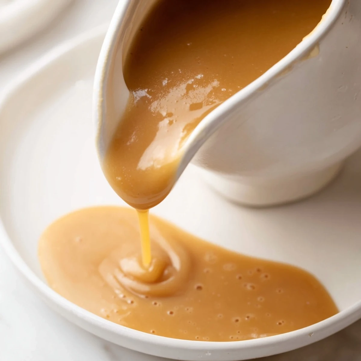 Creamy homemade gravy poured over fluffy mashed potatoes in a white ceramic bowl