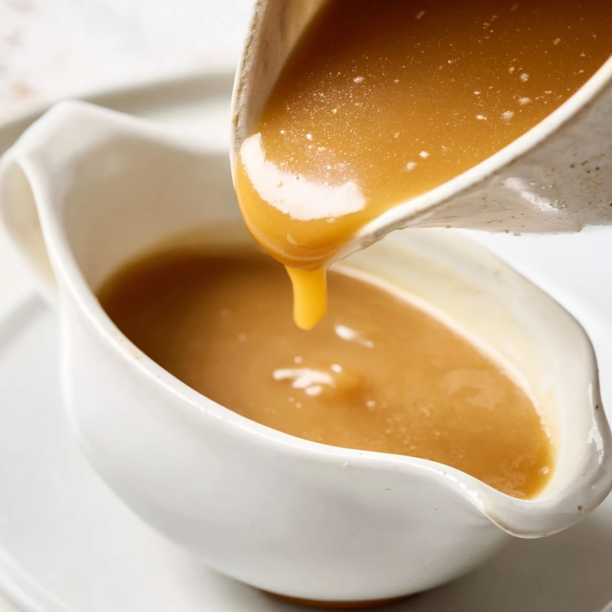 Steaming homemade gravy drizzled generously over roast beef and vegetables on rustic platter