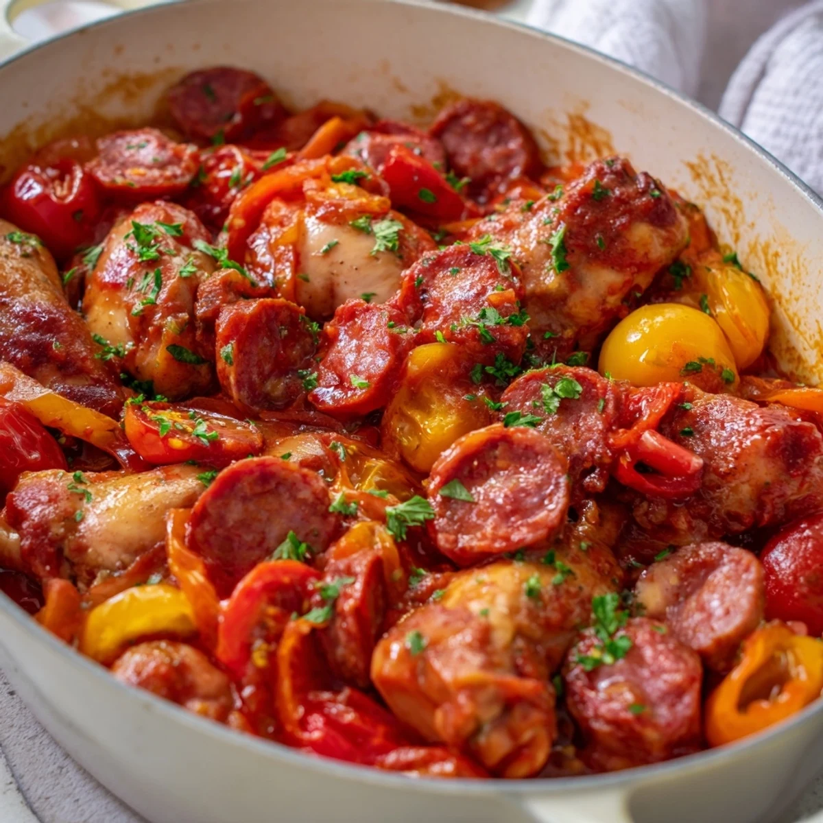 Golden chicken chorizo and tomato casserole bubbling in a Dutch oven with colorful bell peppers