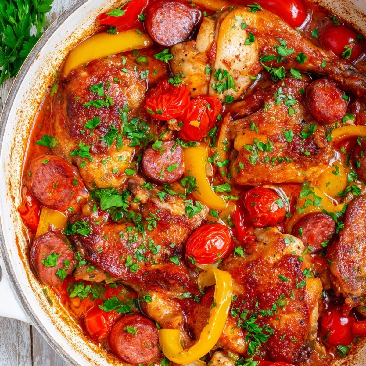 Savory Spanish chicken chorizo and tomato casserole featuring tender meat and juicy cherry tomatoes in rich sauce