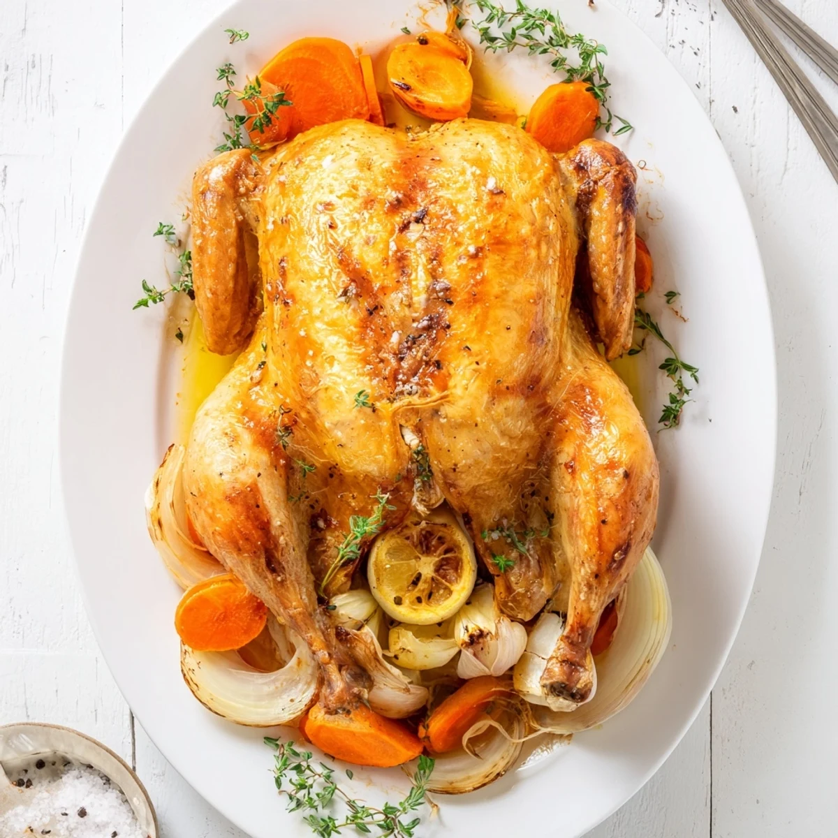 Golden brown roast garlic and lemon chicken served on a platter with roasted vegetables
