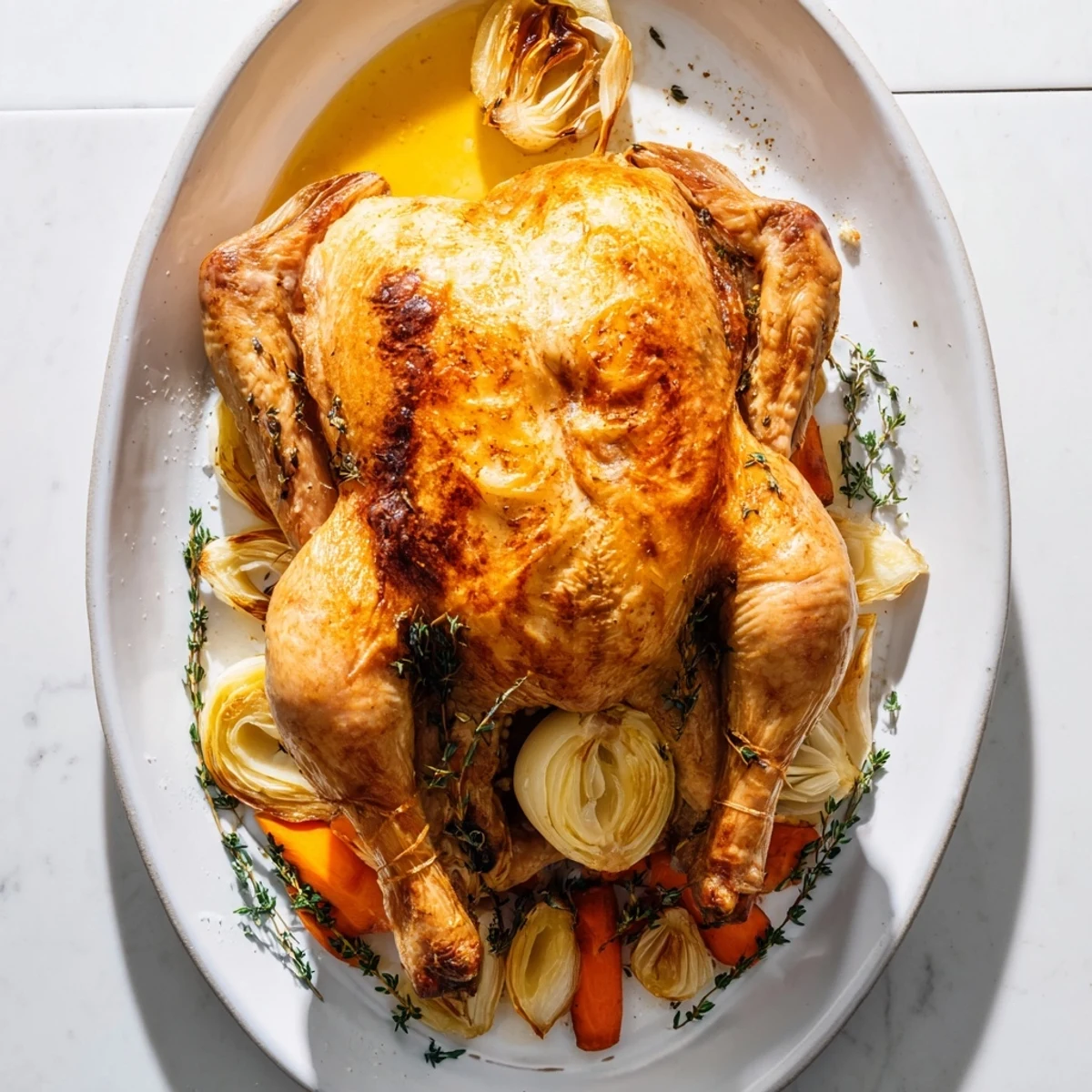 Mediterranean style roast garlic and lemon chicken garnished with fresh thyme sprigs