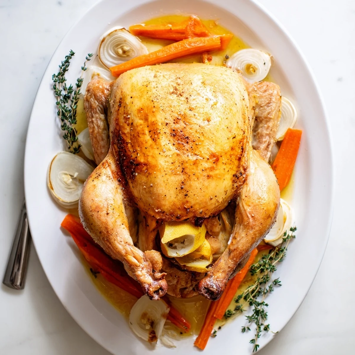 Whole roasted chicken with crispy skin, lemon halves, and garlic on a wooden board