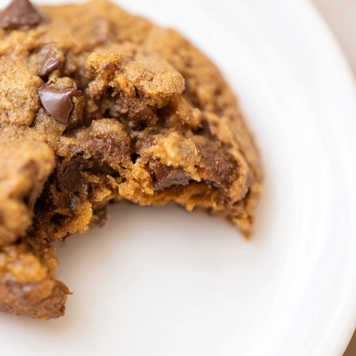 Soft pumpkin spice chocolate chip cookies stacked on a wooden cutting board with melted chocolate chips visible