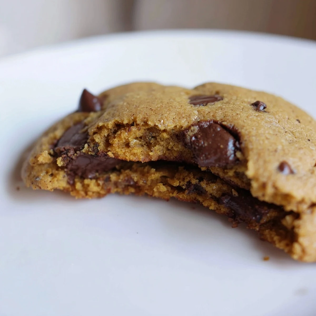 Freshly baked pumpkin spice chocolate chip cookies on a white plate garnished with a dusting of powdered sugar