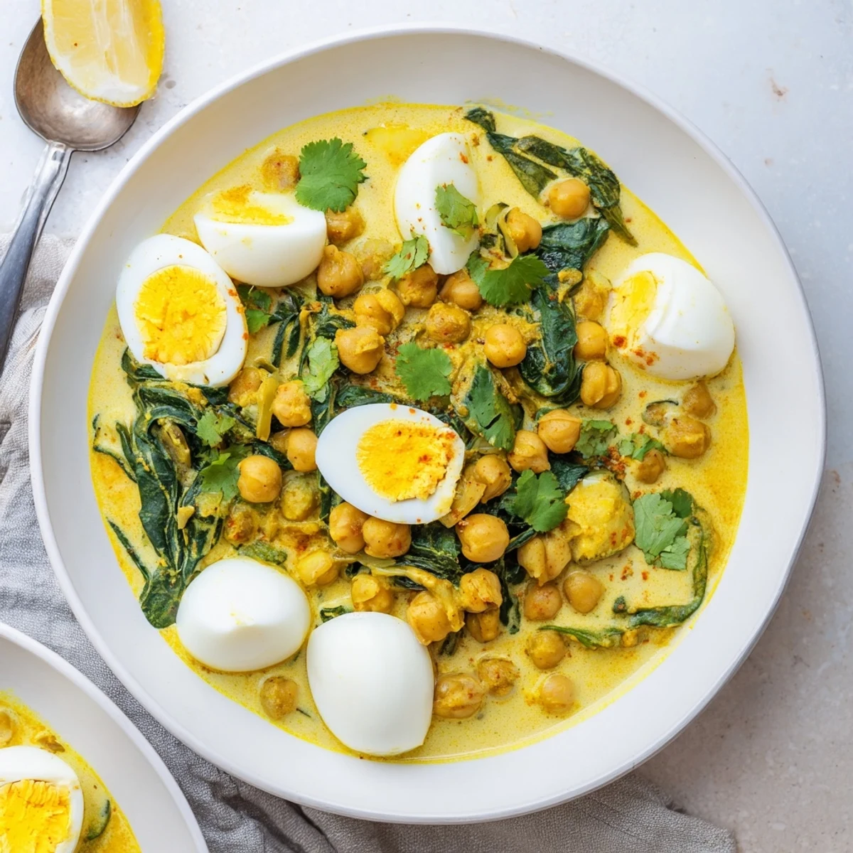Golden halved eggs nestled in creamy coconut korma sauce with chickpeas and fresh spinach