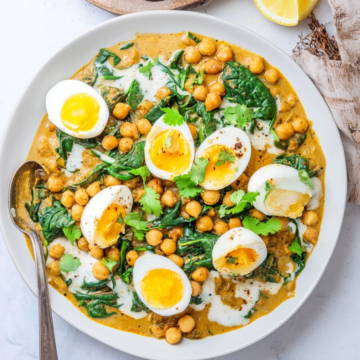 Mild Indian egg korma featuring tender boiled eggs in aromatic yogurt-coconut curry with wilted greens