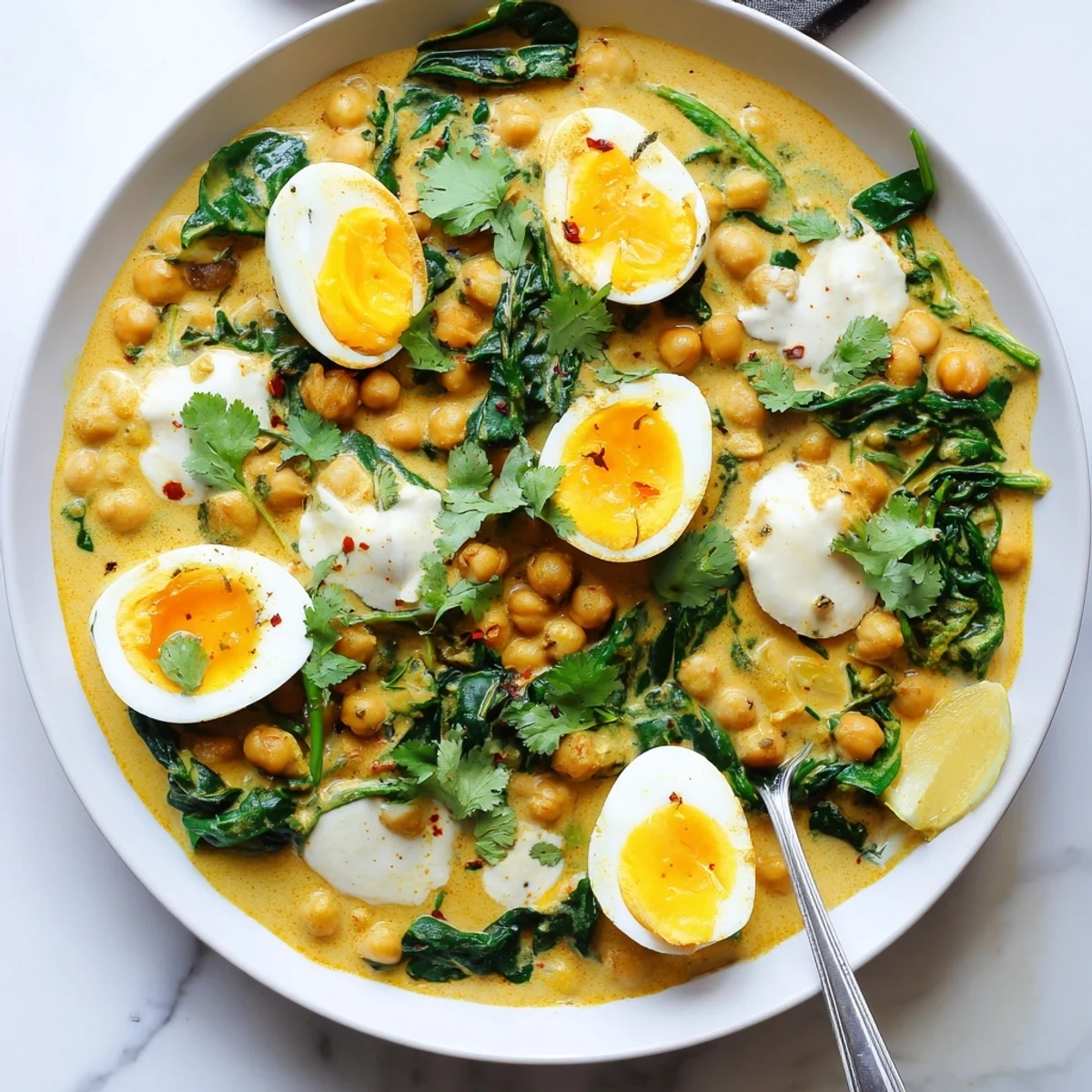 Vegetarian curry bowl with chickpeas, spinach, and protein-rich eggs swimming in mild spiced korma sauce