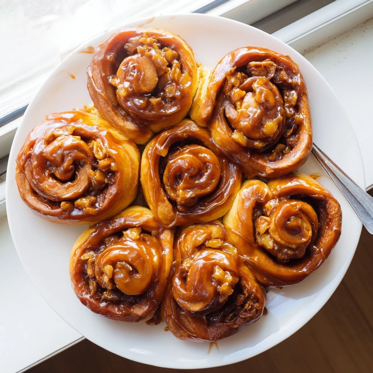 Golden Vietnamese cinnamon date sticky buns dripping with warm honey brown sugar glaze
