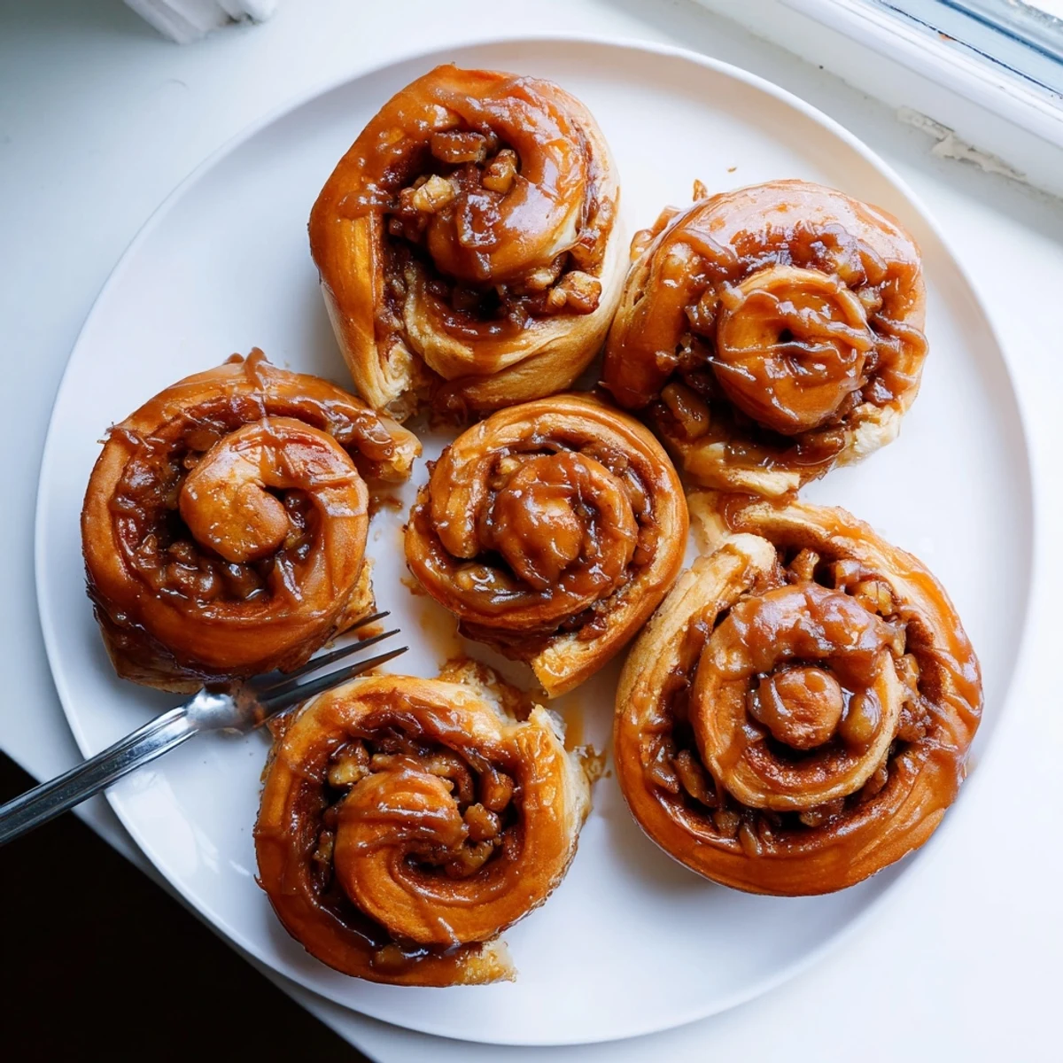 Freshly baked sticky buns topped with luscious caramel glaze and fragrant cinnamon date filling