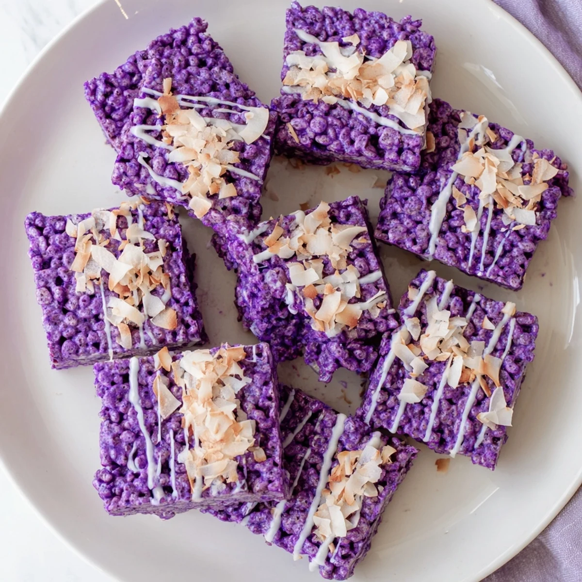 Vibrant purple ube rice krispie treats drizzled with white chocolate and toasted coconut flakes