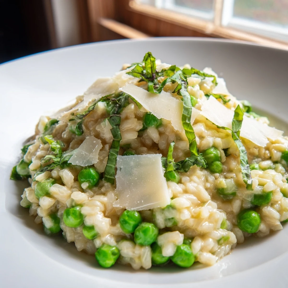 Close-up of spring pea risotto featuring bright green peas, shredded Parmesan, and fresh basil chiffonade