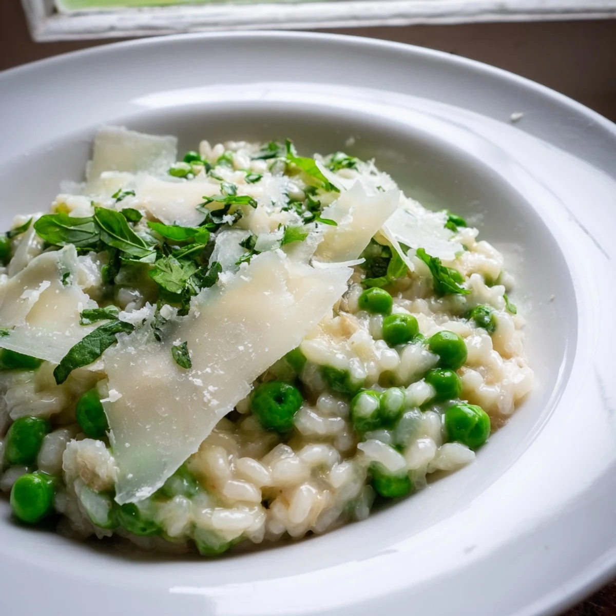 Creamy spring pea risotto topped with fresh basil and grated Parmesan cheese in a white bowl